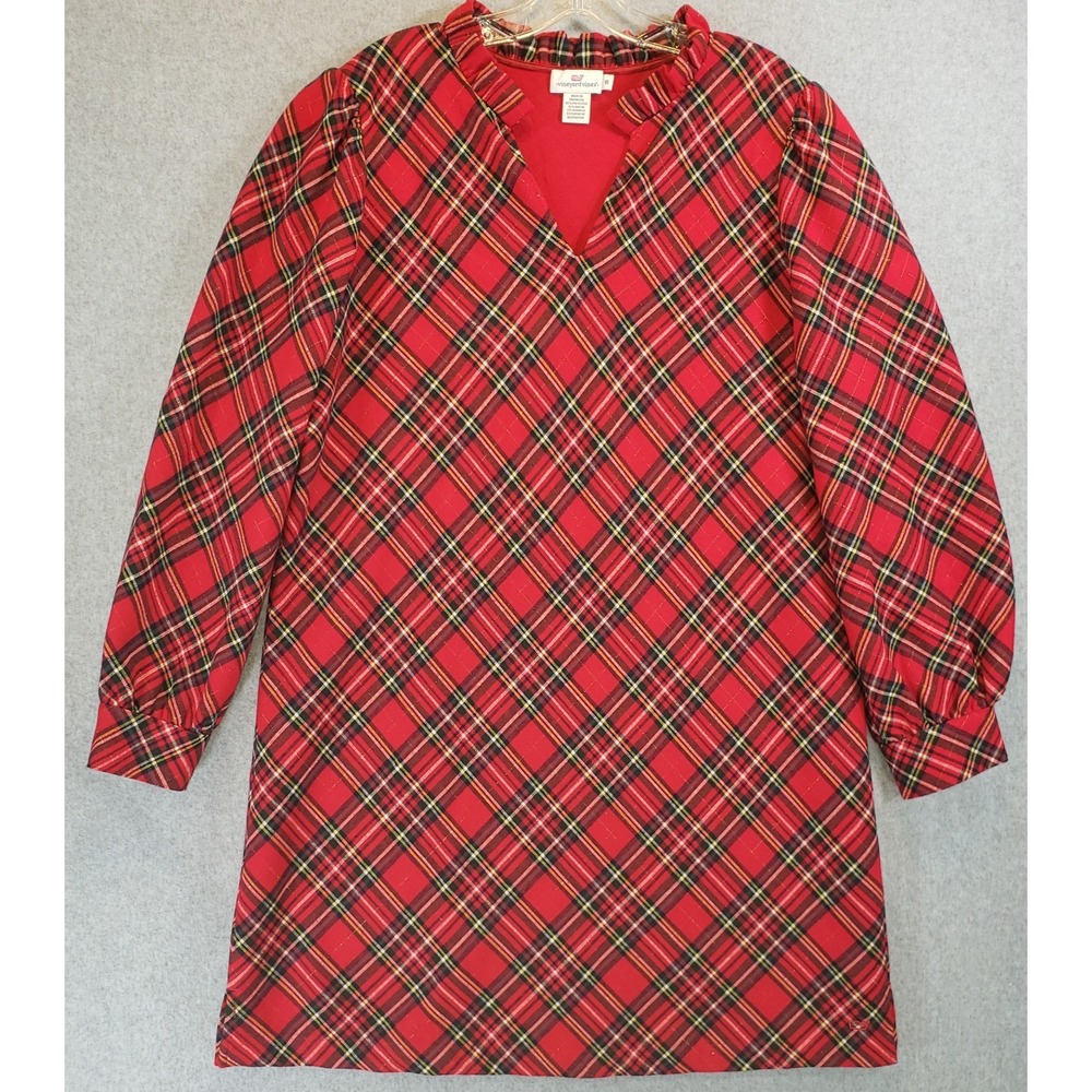 Vineyard Vines Tartan Ruffle Neck Dress Girls Sz 16 V Neck Holiday Christmas
